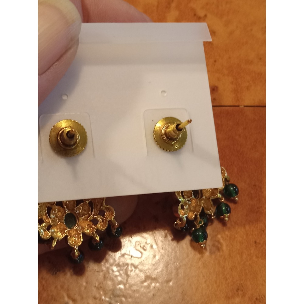 Kushals Antique Gold Green Bead Peacock Floral Drop Earrings Traditional Indian - Picture 3 of 4